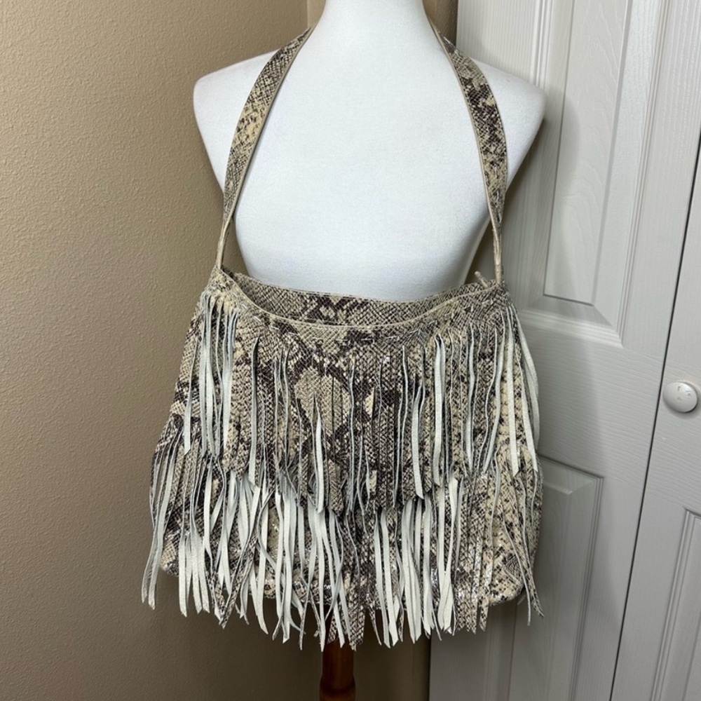 Snake print fringe hobo bag